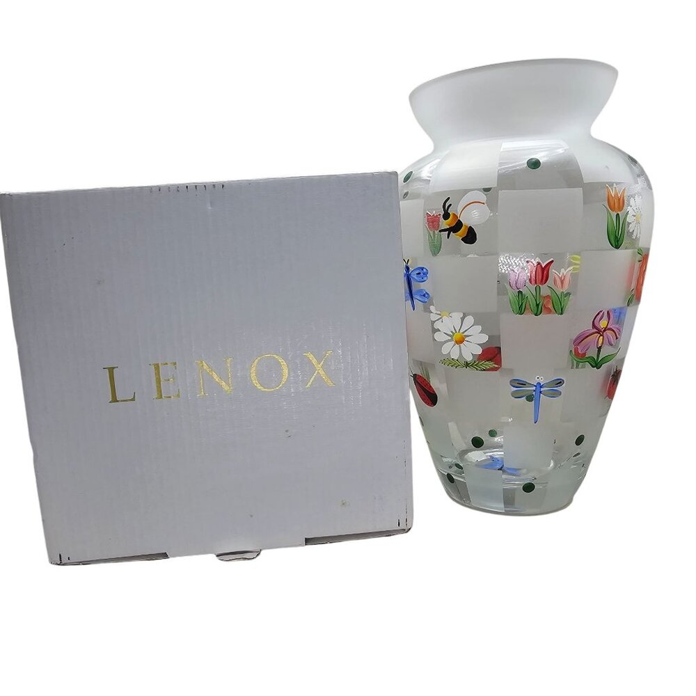 Lenox Nature's Splendor Handpainted Glass Vase Flowers Insects w/Box Signed - Picture 12 of 16
